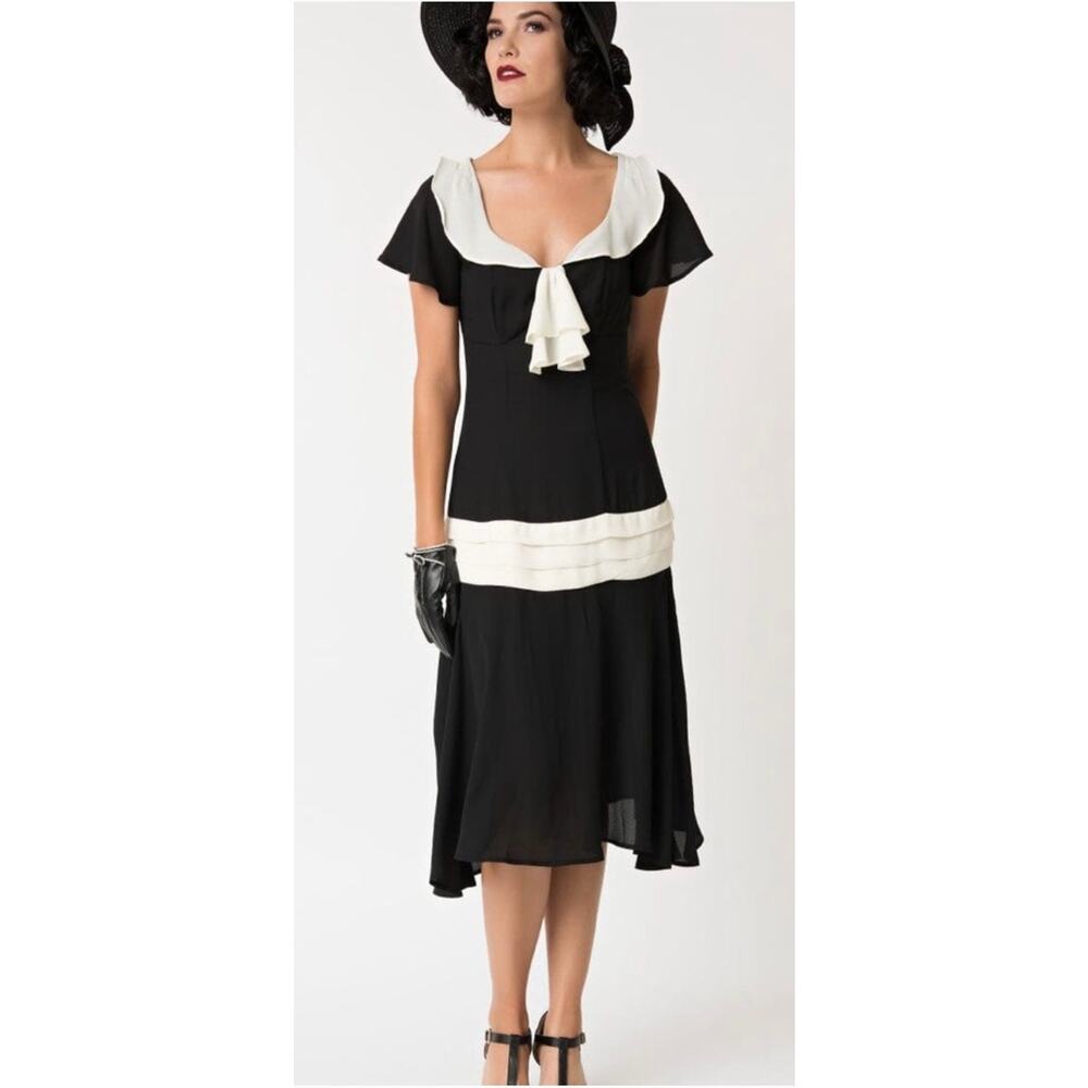 Unique Vintage 1920s Black & Cream Wilshire Flapper Day Dress L 10 12 NWOT - Picture 4 of 6